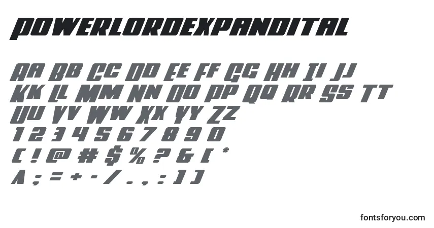 Schriftart Powerlordexpandital – Alphabet, Zahlen, spezielle Symbole