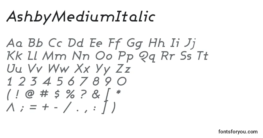Czcionka AshbyMediumItalic – alfabet, cyfry, specjalne znaki