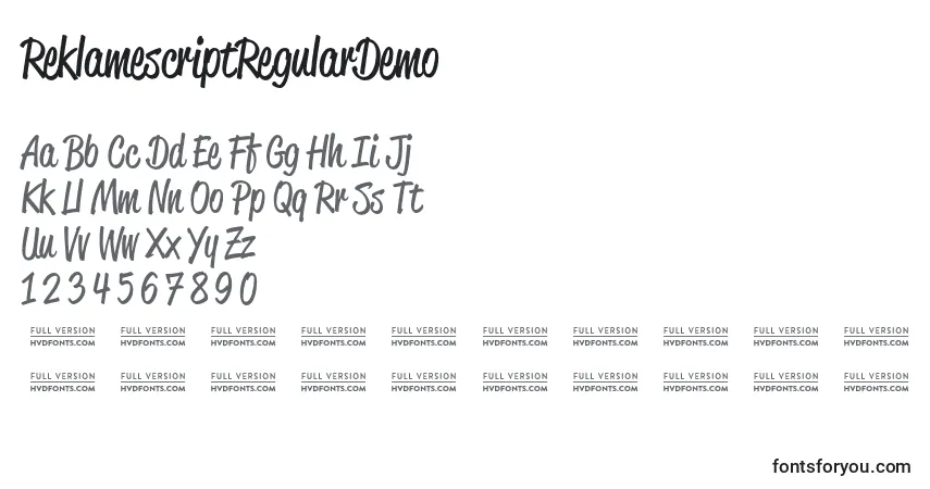 Шрифт ReklamescriptRegularDemo – алфавит, цифры, специальные символы