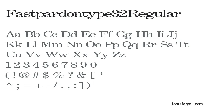 Czcionka Fastpardontype32Regular – alfabet, cyfry, specjalne znaki
