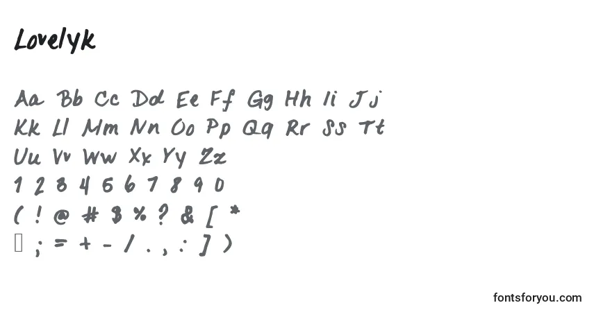 A fonte Lovelyk – alfabeto, números, caracteres especiais