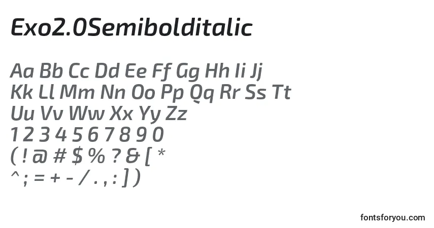 Schriftart Exo2.0Semibolditalic – Alphabet, Zahlen, spezielle Symbole