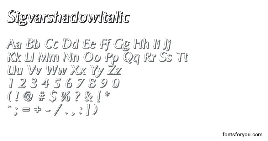 A fonte SigvarshadowItalic – alfabeto, números, caracteres especiais