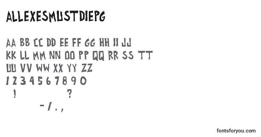 Schriftart AllExesMustDiePg – Alphabet, Zahlen, spezielle Symbole