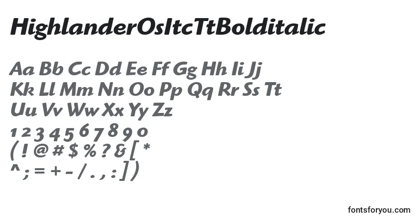Шрифт HighlanderOsItcTtBolditalic – алфавит, цифры, специальные символы