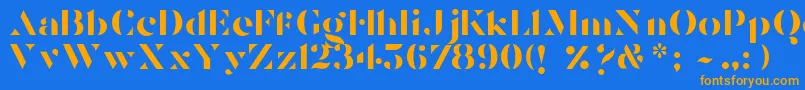 フォントTostada – オレンジ色の文字が青い背景にあります。