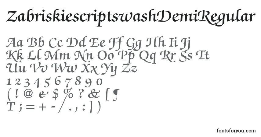 A fonte ZabriskiescriptswashDemiRegular – alfabeto, números, caracteres especiais
