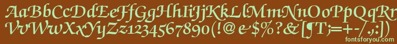 フォントZabriskiescriptswashDemiRegular – 緑色の文字が茶色の背景にあります。