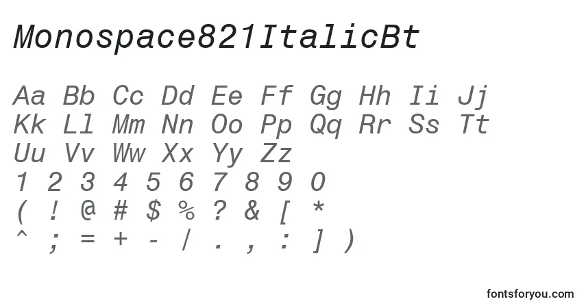 Czcionka Monospace821ItalicBt – alfabet, cyfry, specjalne znaki