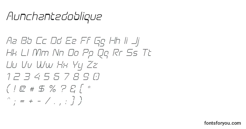 A fonte Aunchantedoblique – alfabeto, números, caracteres especiais