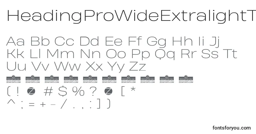 Шрифт HeadingProWideExtralightTrial – алфавит, цифры, специальные символы