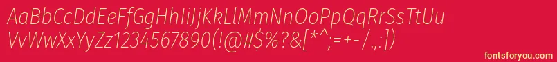 FirasanscondensedUltralightitalic-Schriftart – Gelbe Schriften auf rotem Hintergrund