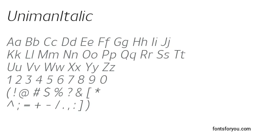 A fonte UnimanItalic – alfabeto, números, caracteres especiais