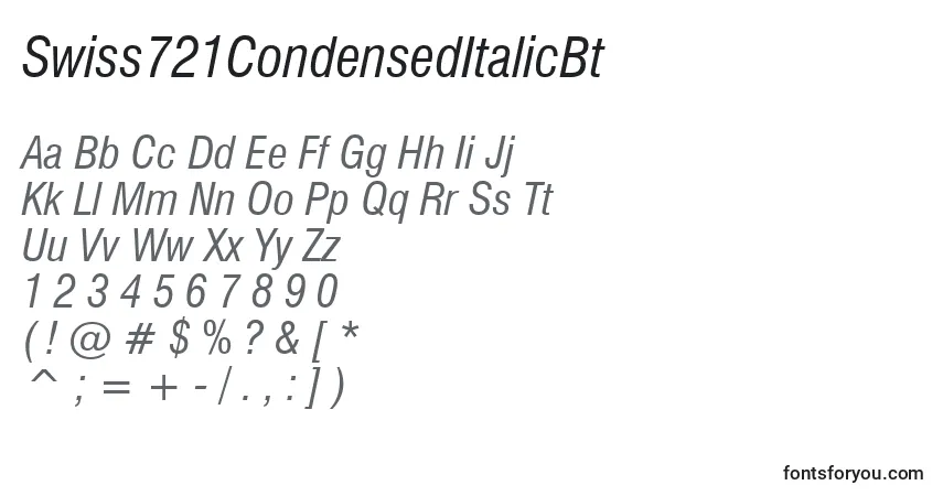 Шрифт Swiss721CondensedItalicBt – алфавит, цифры, специальные символы