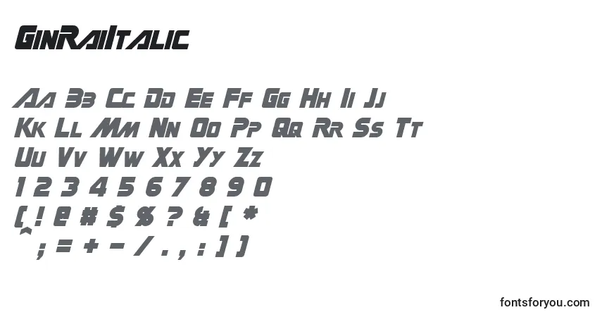 Schriftart GinRaiItalic – Alphabet, Zahlen, spezielle Symbole