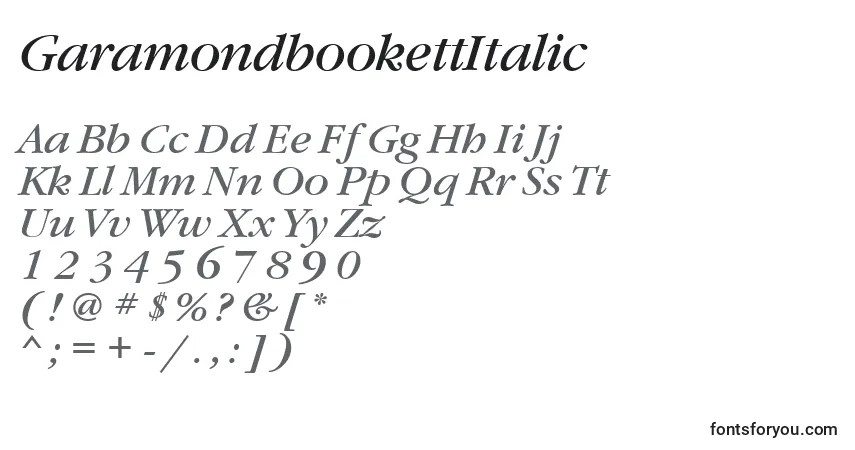 Czcionka GaramondbookettItalic – alfabet, cyfry, specjalne znaki