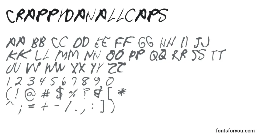Czcionka Crappydanallcaps – alfabet, cyfry, specjalne znaki
