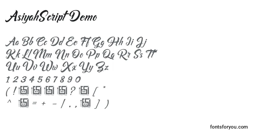 Schriftart AsiyahScriptDemo – Alphabet, Zahlen, spezielle Symbole