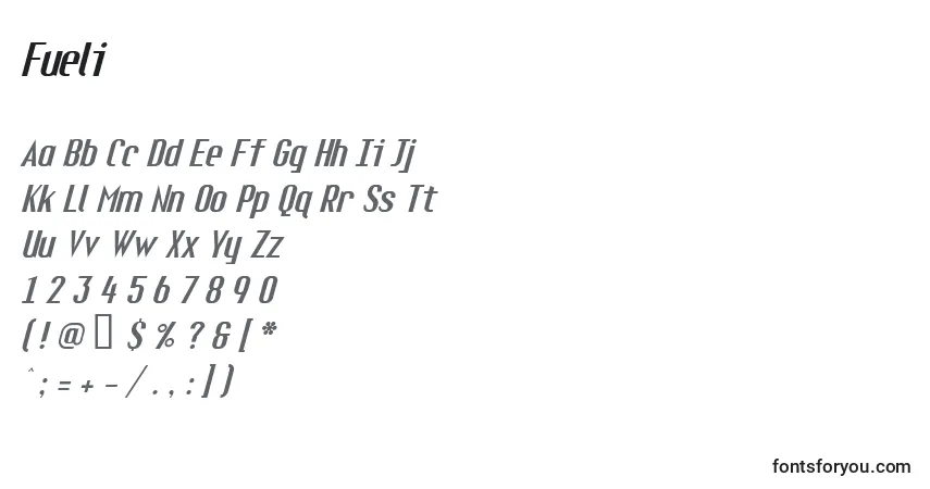 A fonte Fueli – alfabeto, números, caracteres especiais
