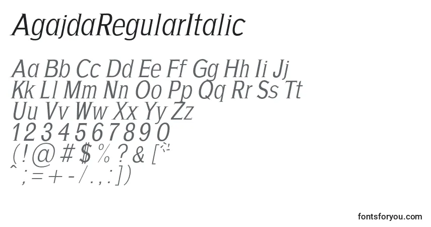 Schriftart AgajdaRegularItalic – Alphabet, Zahlen, spezielle Symbole