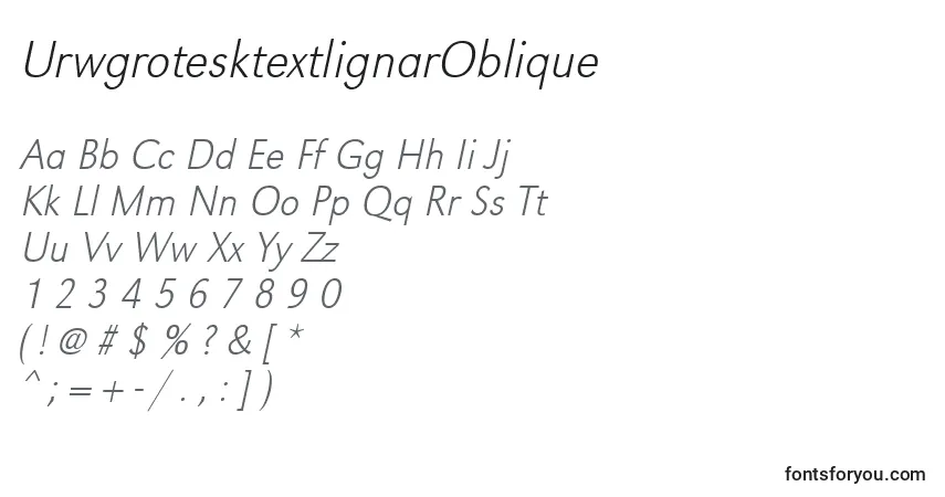 Czcionka UrwgrotesktextlignarOblique – alfabet, cyfry, specjalne znaki
