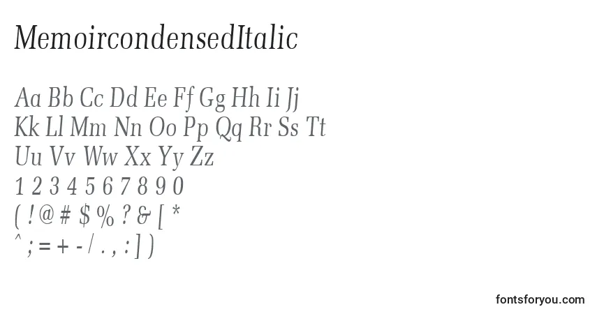 A fonte MemoircondensedItalic – alfabeto, números, caracteres especiais