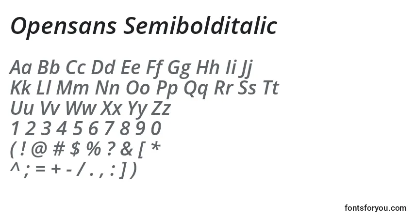 Schriftart Opensans Semibolditalic – Alphabet, Zahlen, spezielle Symbole