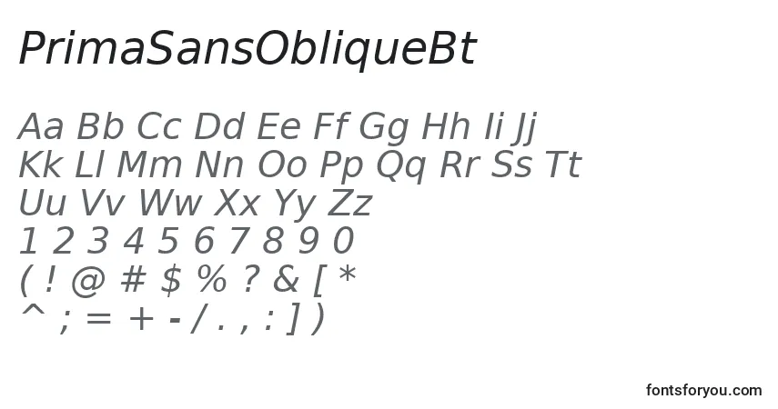 Czcionka PrimaSansObliqueBt – alfabet, cyfry, specjalne znaki