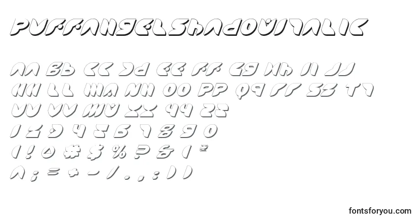 Czcionka PuffAngelShadowItalic – alfabet, cyfry, specjalne znaki