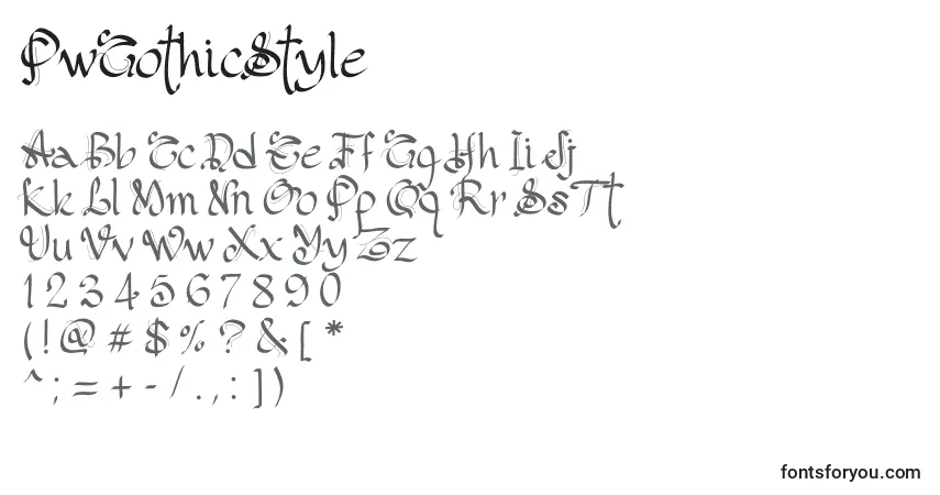 Czcionka PwGothicStyle – alfabet, cyfry, specjalne znaki