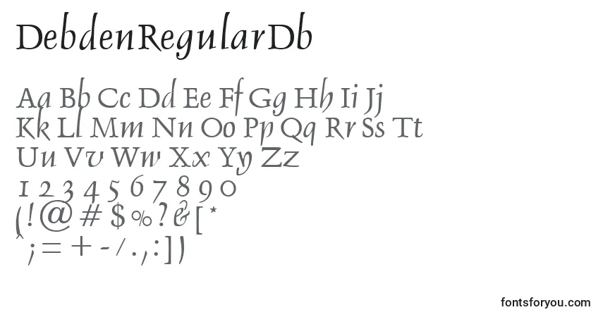 Czcionka DebdenRegularDb – alfabet, cyfry, specjalne znaki