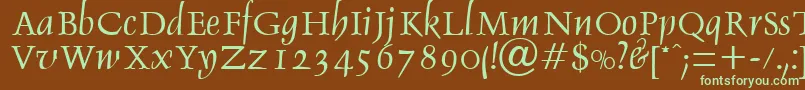 フォントDebdenRegularDb – 緑色の文字が茶色の背景にあります。