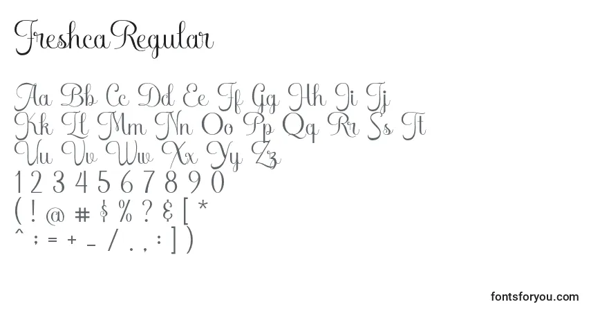 A fonte FreshcaRegular – alfabeto, números, caracteres especiais