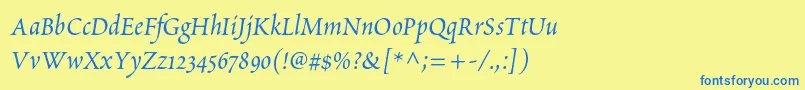 フォントPoeticastd – 青い文字が黄色の背景にあります。