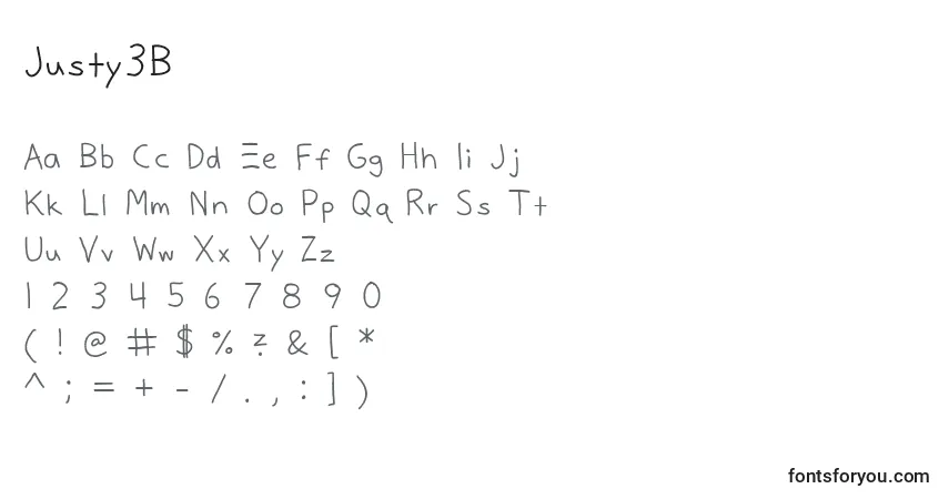 Schriftart Justy3B – Alphabet, Zahlen, spezielle Symbole