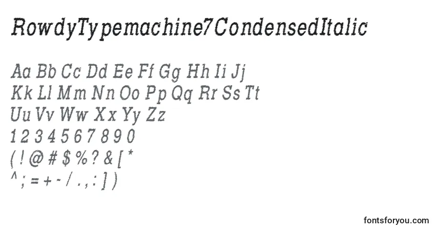 Czcionka RowdyTypemachine7CondensedItalic – alfabet, cyfry, specjalne znaki