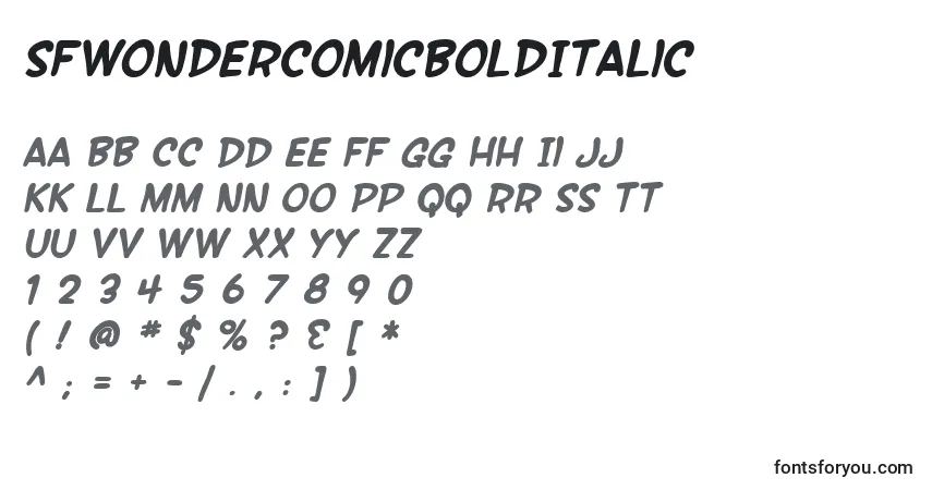 Шрифт SfWonderComicBoldItalic – алфавит, цифры, специальные символы