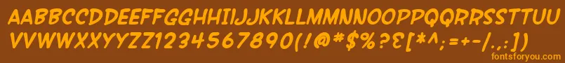 SfWonderComicBoldItalic-fontti – oranssit fontit ruskealla taustalla