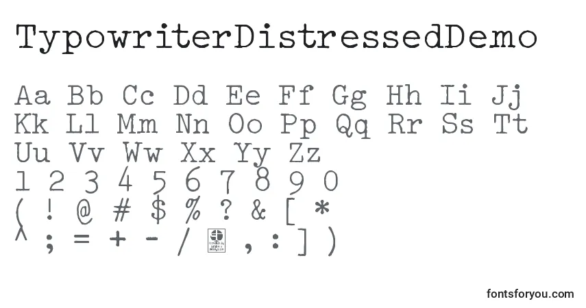 A fonte TypowriterDistressedDemo – alfabeto, números, caracteres especiais