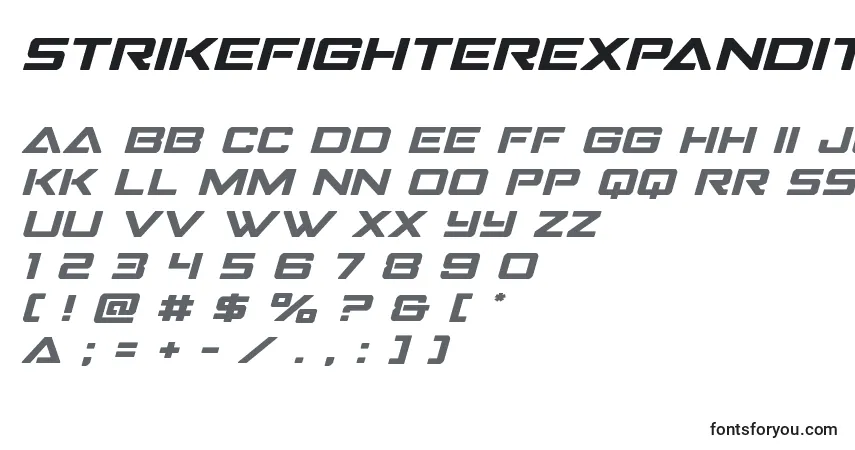 Шрифт Strikefighterexpandital – алфавит, цифры, специальные символы