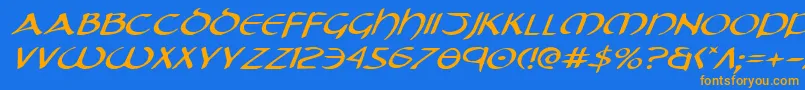 フォントTristramExpandedItalic – オレンジ色の文字が青い背景にあります。