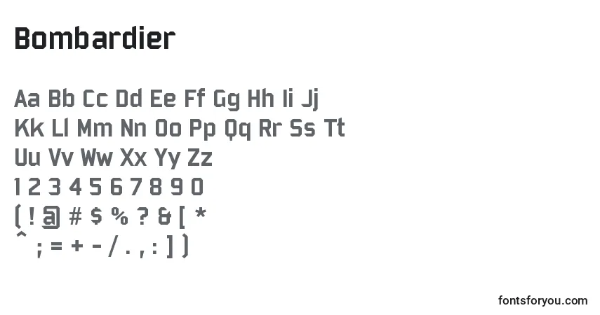 Czcionka Bombardier – alfabet, cyfry, specjalne znaki