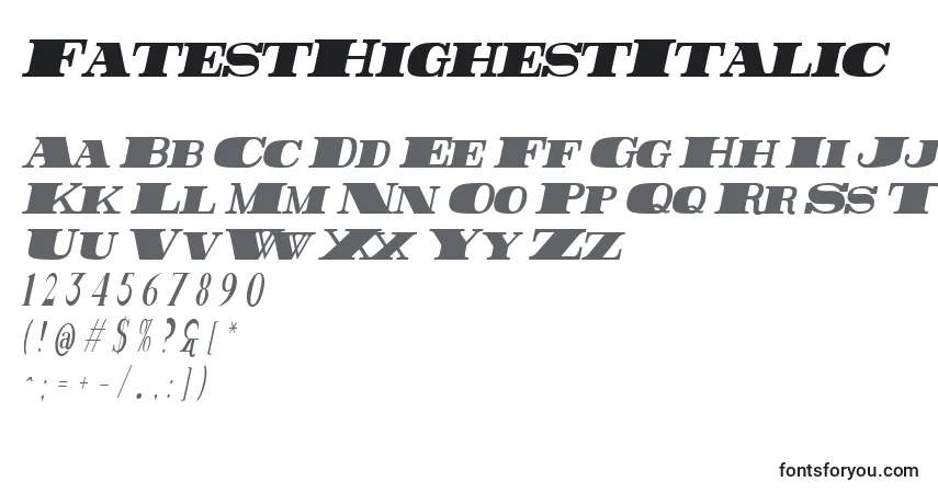 Шрифт FatestHighestItalic – алфавит, цифры, специальные символы