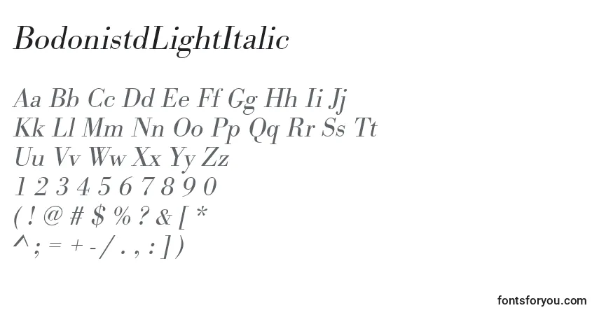 Schriftart BodonistdLightItalic – Alphabet, Zahlen, spezielle Symbole