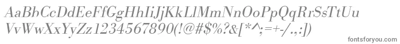 BodonistdLightItalic-fontti – harmaat kirjasimet valkoisella taustalla
