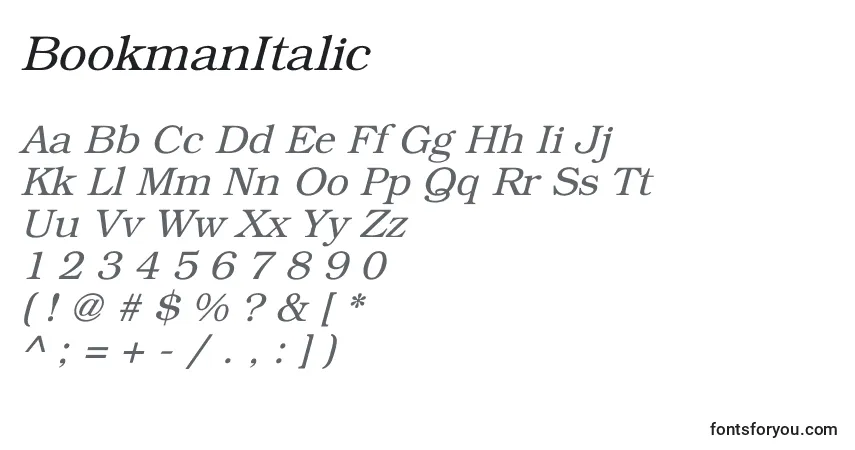 Шрифт BookmanItalic – алфавит, цифры, специальные символы