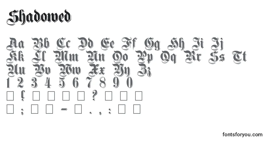 Czcionka Shadowed – alfabet, cyfry, specjalne znaki