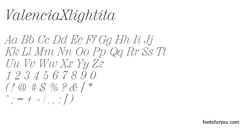A fonte ValenciaXlightita – alfabeto, números, caracteres especiais