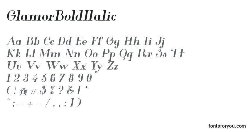 Шрифт GlamorBoldItalic – алфавит, цифры, специальные символы