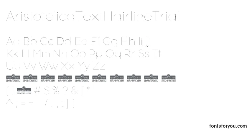Czcionka AristotelicaTextHairlineTrial – alfabet, cyfry, specjalne znaki